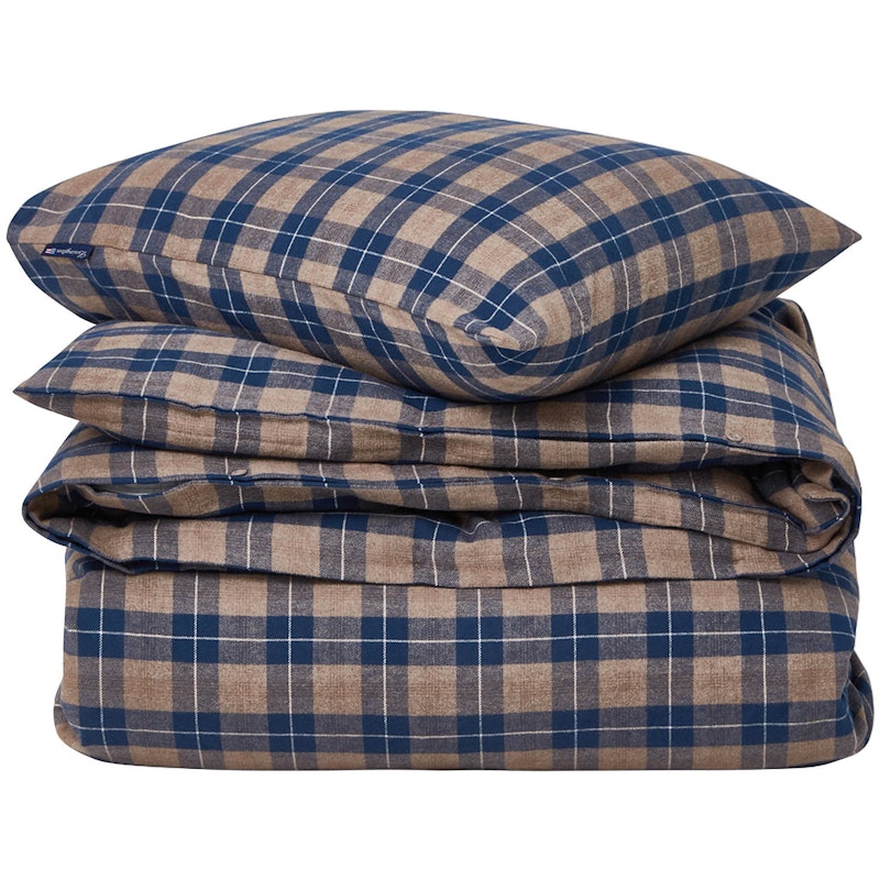 Checked Cotton Flannel Vuodevaatteet 220x220/50x60 cm, Denim Blue/Beiget